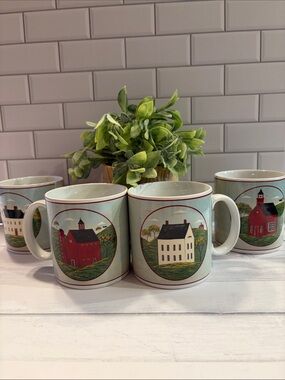 Brandon House Country Farmhouse Ceramic Mug Set - Green and Red Scenic Design